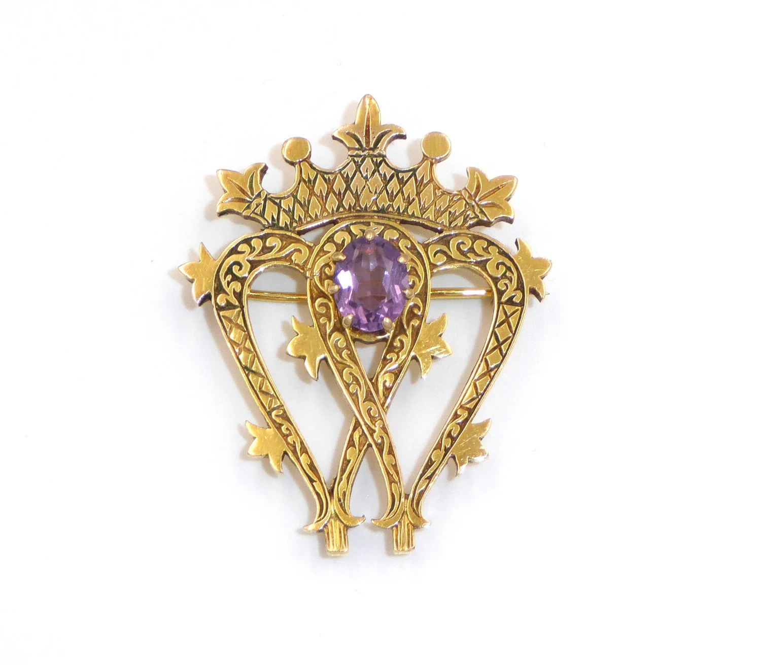Scottish 9ct gold amethyst set luckenbooth (heart brooch), by John